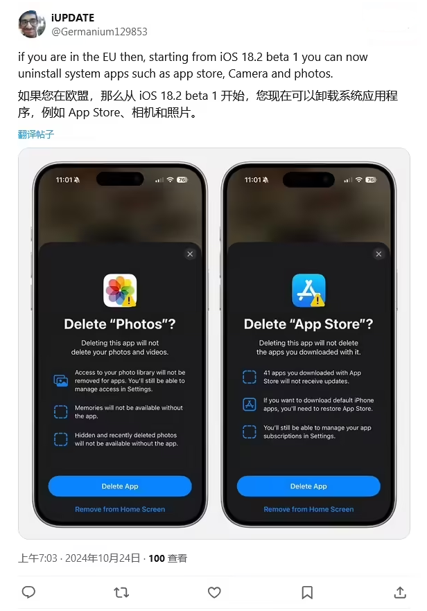 卫东苹果手机维修分享iOS 18.2 支持删除 App Store 应用商店 