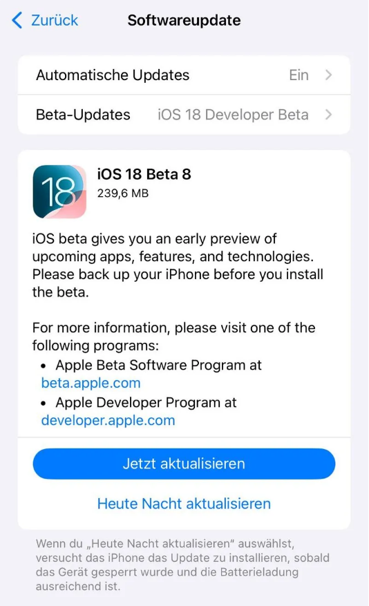 卫东苹果手机维修分享苹果 iOS / iPadOS 18 开发者预览版 Beta 8 发布 